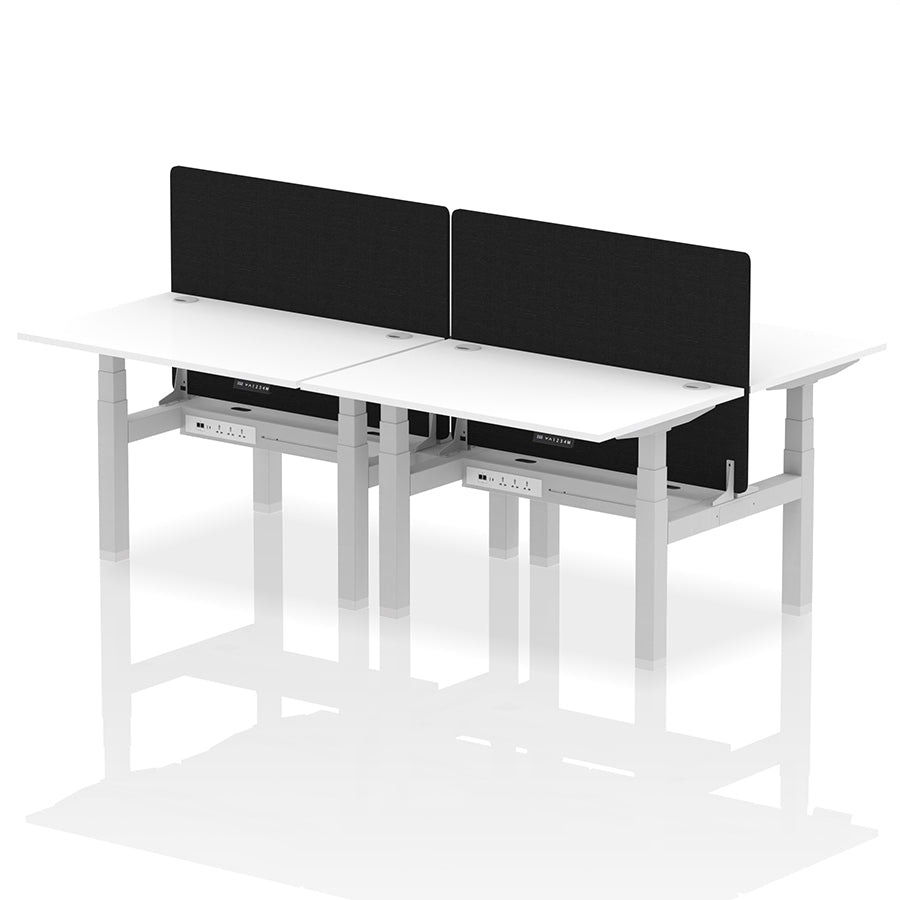 Air Back-to-Back Height Adjustable Bench Desk - 4 Person with Cable Ports and Black Straight Screen W1200mm white top and silver frame
