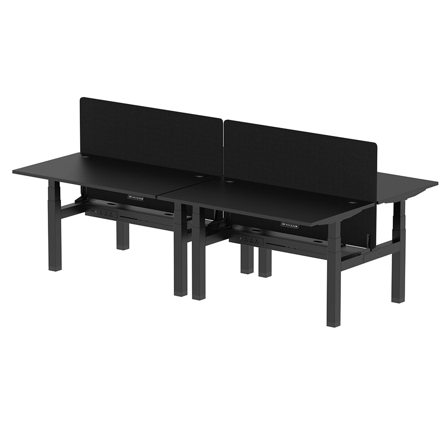 Air Back-to-Back Height Adjustable Bench Desk - 4 Person with Cable Ports and Black Straight Screen W1400mm black top and black frame