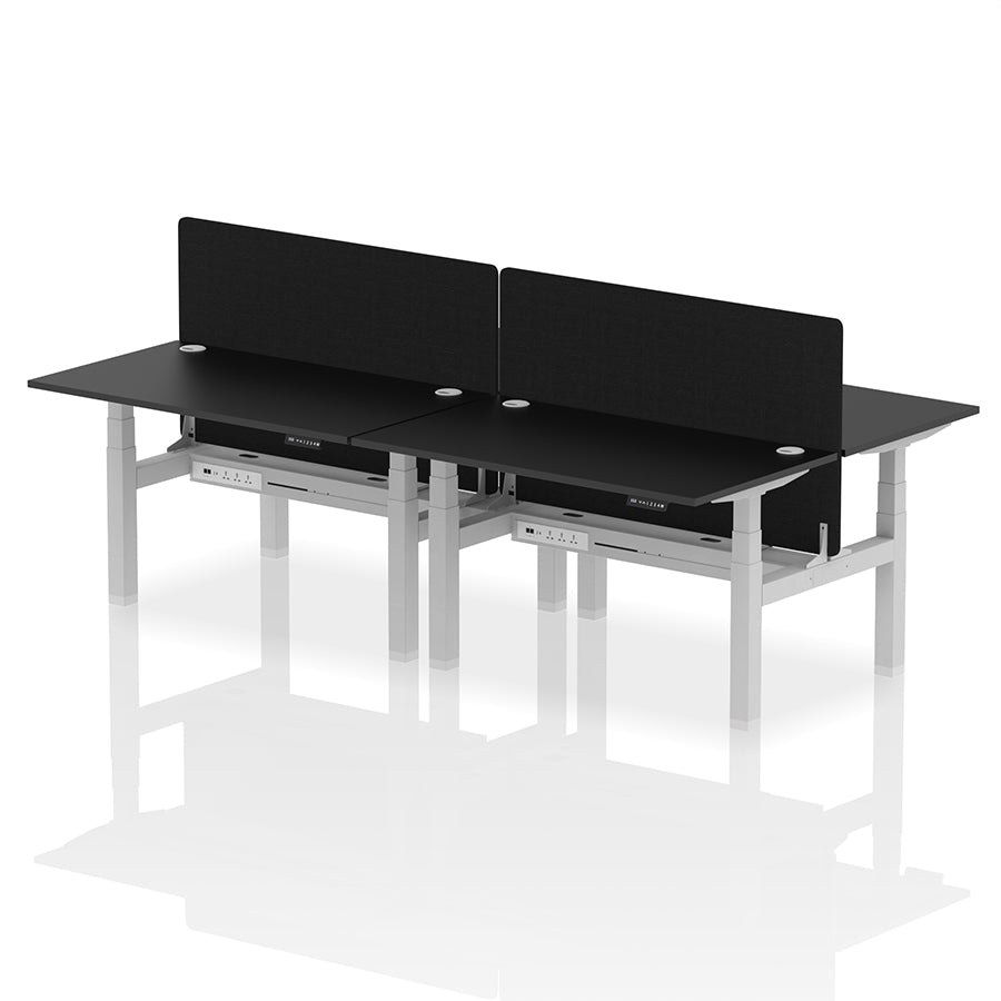 Air Back-to-Back Height Adjustable Bench Desk - 4 Person with Cable Ports and Black Straight Screen W1400mm black top and silver frame