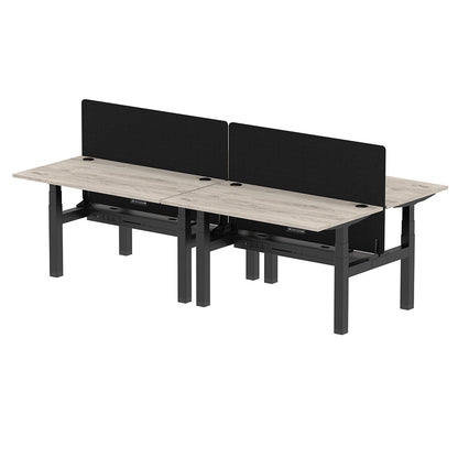 Air Back-to-Back Height Adjustable Bench Desk - 4 Person with Cable Ports and Black Straight Screen W1400mm grey oak top and black frame