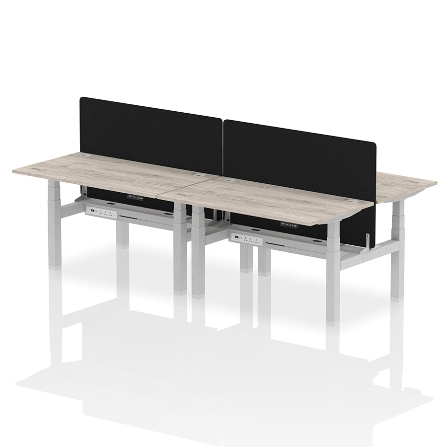Air Back-to-Back Height Adjustable Bench Desk - 4 Person with Cable Ports and Black Straight Screen W1400mm grey oak top and silver frame