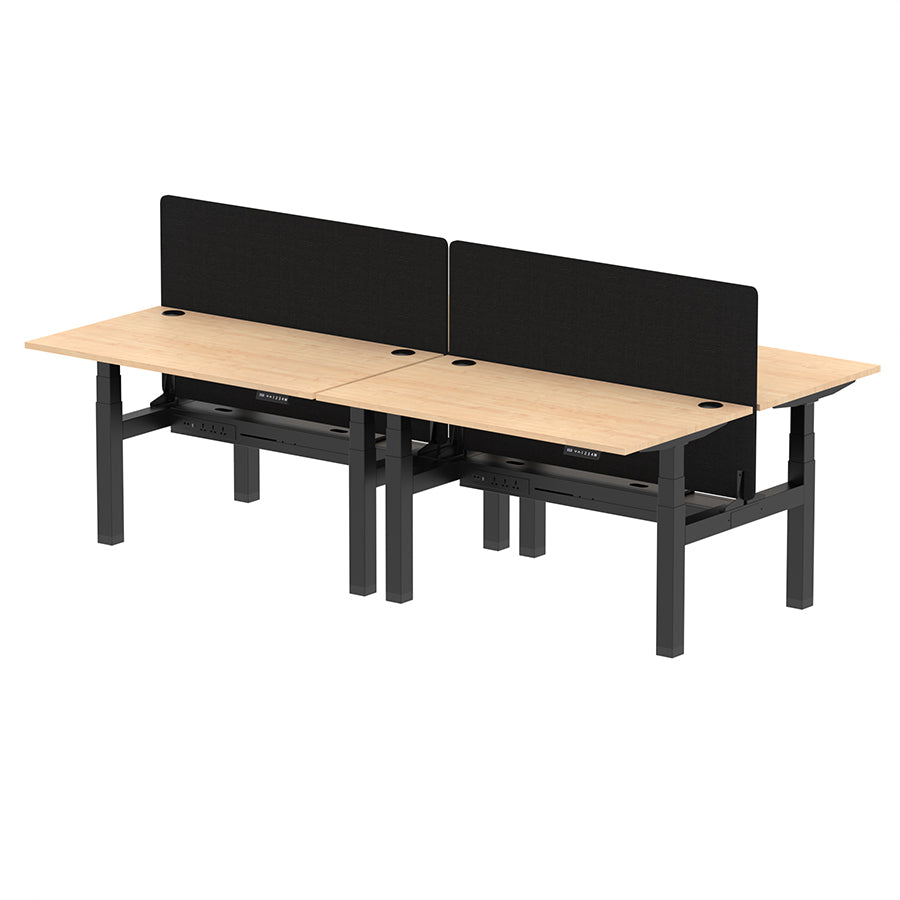 Air Back-to-Back Height Adjustable Bench Desk - 4 Person with Cable Ports and Black Straight Screen W1400mm maple top and black frame