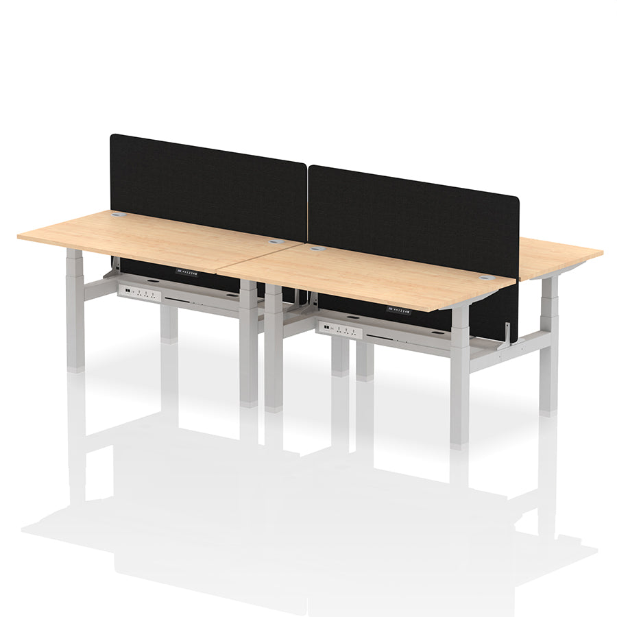 Air Back-to-Back Height Adjustable Bench Desk - 4 Person with Cable Ports and Black Straight Screen W1400mm maple top and silver frame