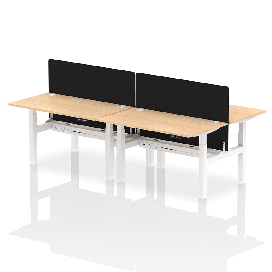 Air Back-to-Back Height Adjustable Bench Desk - 4 Person with Cable Ports and Black Straight Screen W1400mm maple top and white frame