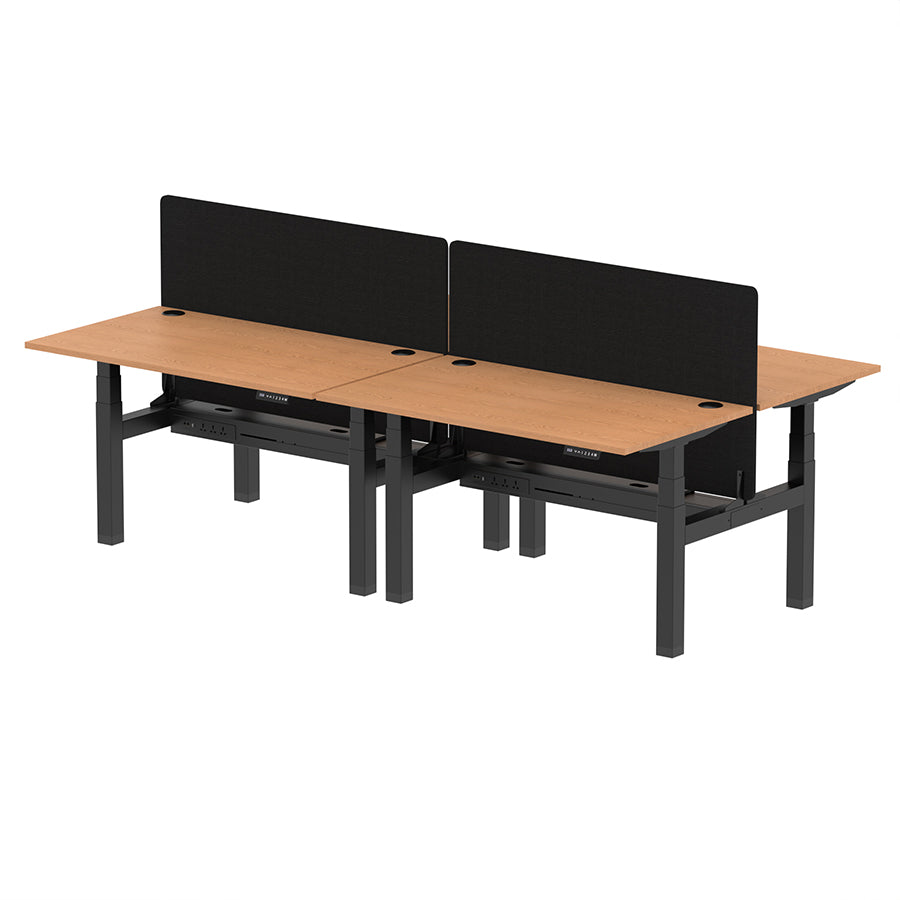 Air Back-to-Back Height Adjustable Bench Desk - 4 Person with Cable Ports and Black Straight Screen W1400mm oak top and black frame