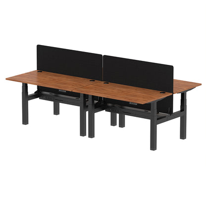 Air Back-to-Back Height Adjustable Bench Desk - 4 Person with Cable Ports and Black Straight Screen W1400mm walnut top and black frame
