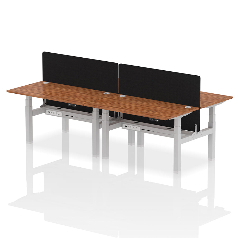 Air Back-to-Back Height Adjustable Bench Desk - 4 Person with Cable Ports and Black Straight Screen W1400mm walnut top and silver frame