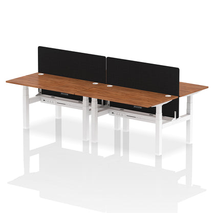 Air Back-to-Back Height Adjustable Bench Desk - 4 Person with Cable Ports and Black Straight Screen W1400mm walnut top and white frame
