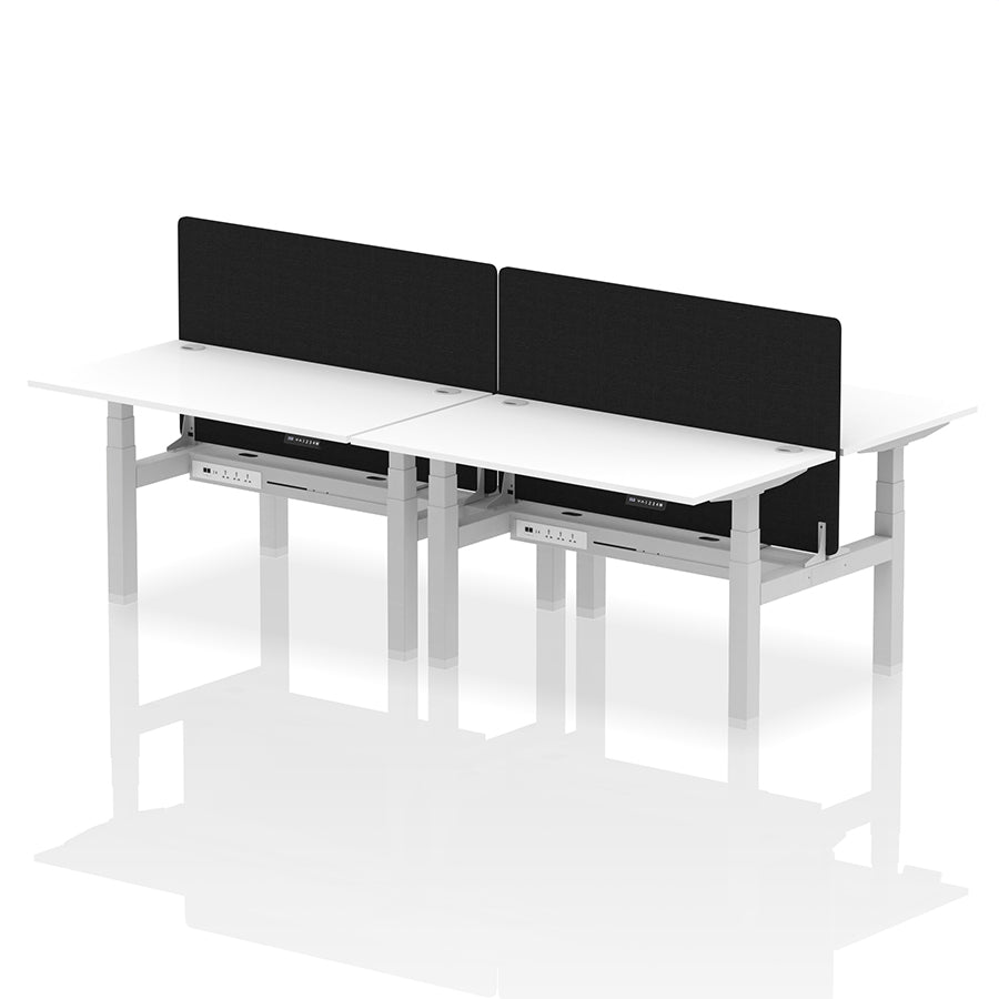Air Back-to-Back Height Adjustable Bench Desk - 4 Person with Cable Ports and Black Straight Screen W1400mm white top and silver frame
