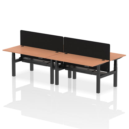 Air Back-to-Back Height Adjustable Bench Desk - 4 Person with Cable Ports and Black Straight Screen W1600mm beech top and black frame
