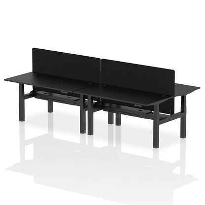Air Back-to-Back Height Adjustable Bench Desk - 4 Person with Cable Ports and Black Straight Screen W1600mm black top and black frame