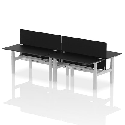 Air Back-to-Back Height Adjustable Bench Desk - 4 Person with Cable Ports and Black Straight Screen W1600mm black top and silver frame