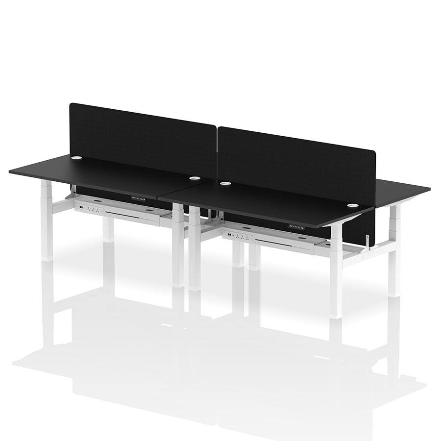 Air Back-to-Back Height Adjustable Bench Desk - 4 Person with Cable Ports and Black Straight Screen W1600mm black top and white frame