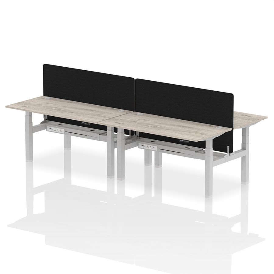 Air Back-to-Back Height Adjustable Bench Desk - 4 Person with Cable Ports and Black Straight Screen W1600mm grey oak top and silver frame