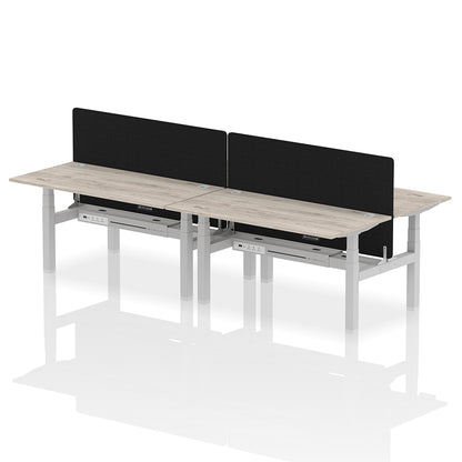 Air Back-to-Back Height Adjustable Bench Desk - 4 Person with Cable Ports and Black Straight Screen W1600mm grey oak top and silver frame