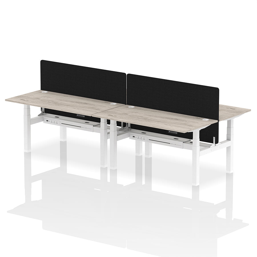 Air Back-to-Back Height Adjustable Bench Desk - 4 Person with Cable Ports and Black Straight Screen W1600mm grey oak top and white frame