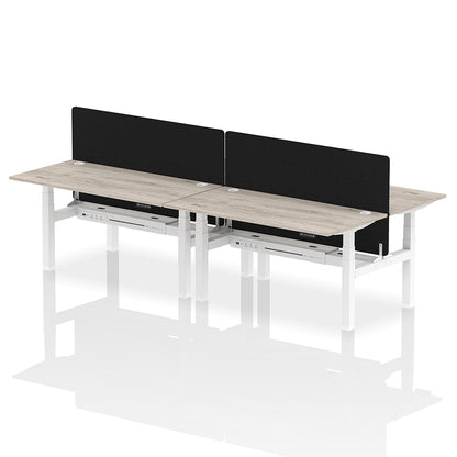 Air Back-to-Back Height Adjustable Bench Desk - 4 Person with Cable Ports and Black Straight Screen W1600mm grey oak top and white frame