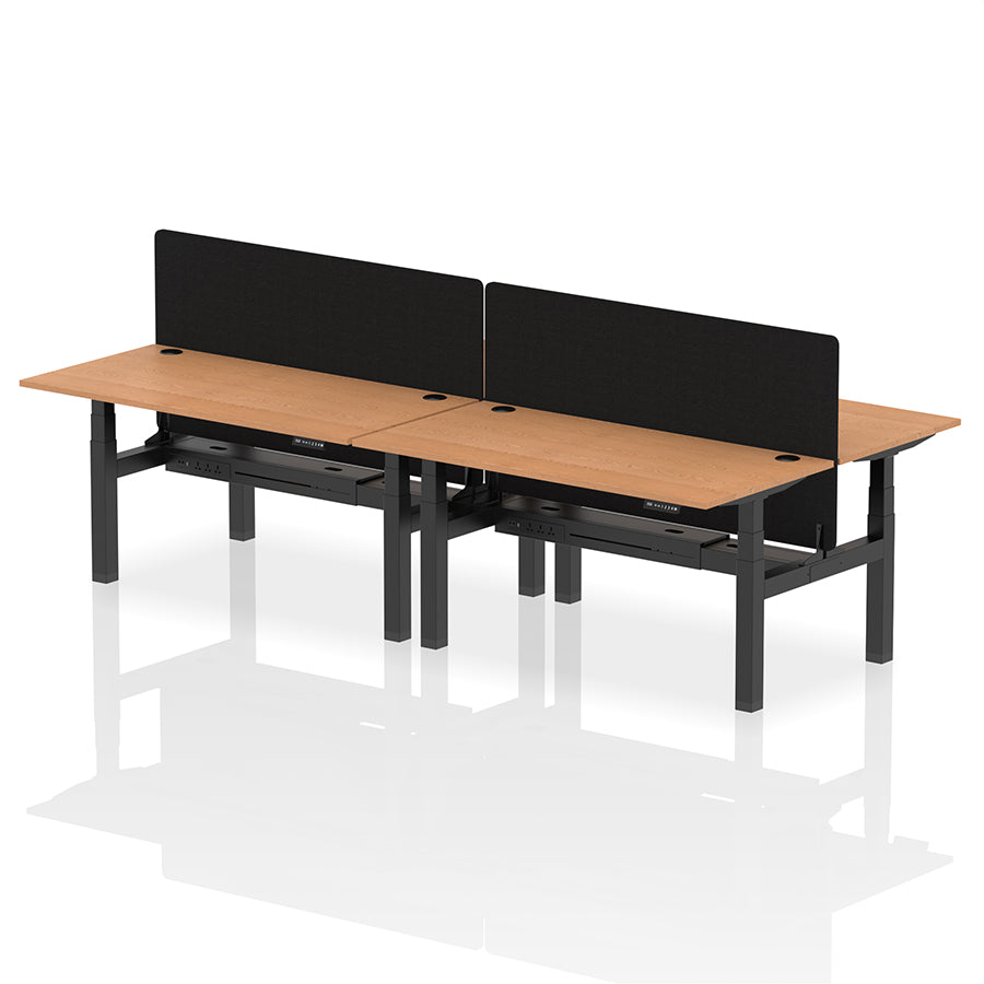 Air Back-to-Back Height Adjustable Bench Desk - 4 Person with Cable Ports and Black Straight Screen W1600mm oak top and black frame