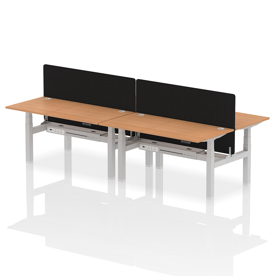 Air Back-to-Back Height Adjustable Bench Desk - 4 Person with Cable Ports and Black Straight Screen W1600mm oak top and silver frame