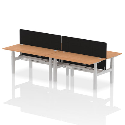 Air Back-to-Back Height Adjustable Bench Desk - 4 Person with Cable Ports and Black Straight Screen W1600mm oak top and silver frame