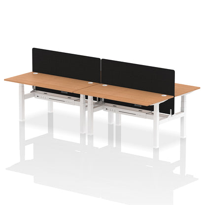 Air Back-to-Back Height Adjustable Bench Desk - 4 Person with Cable Ports and Black Straight Screen W1600mm oak top and white frame