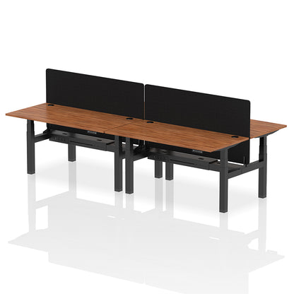 Air Back-to-Back Height Adjustable Bench Desk - 4 Person with Cable Ports and Black Straight Screen W1600mm walnut top and black frame