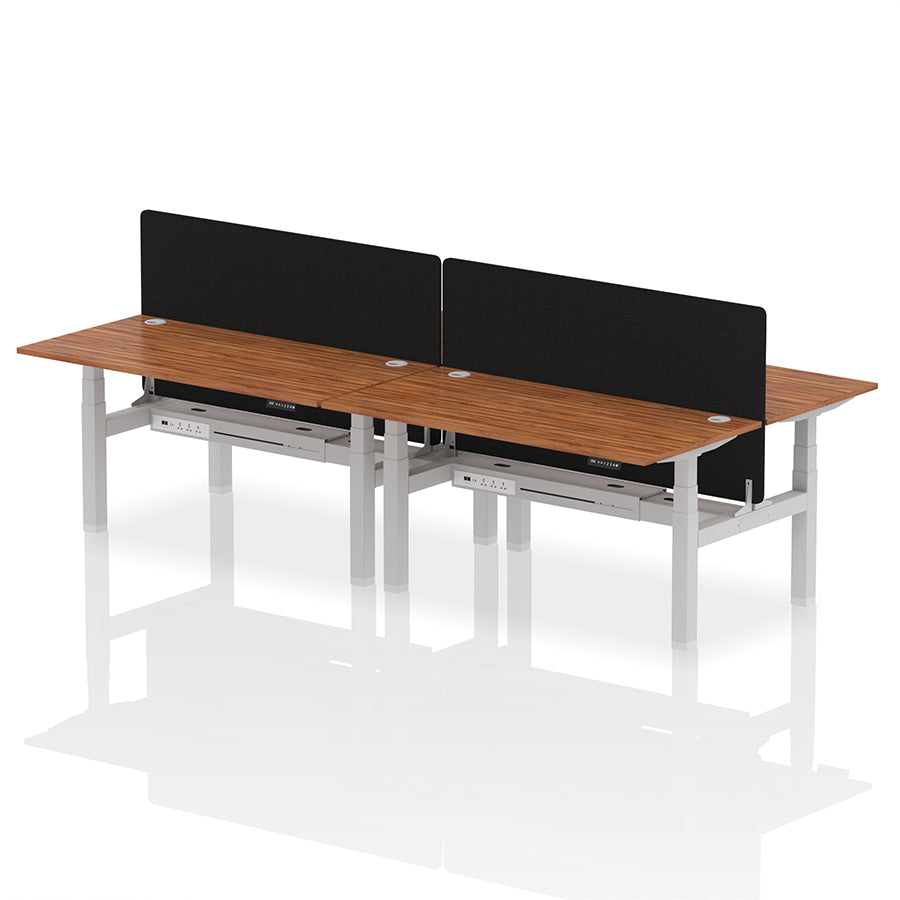 Air Back-to-Back Height Adjustable Bench Desk - 4 Person with Cable Ports and Black Straight Screen W1600mm walnut top and silver frame