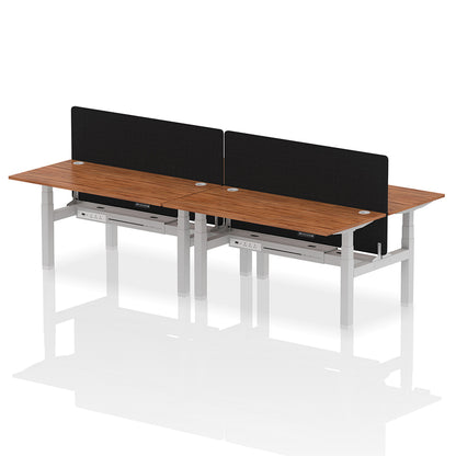 Air Back-to-Back Height Adjustable Bench Desk - 4 Person with Cable Ports and Black Straight Screen W1600mm walnut top and silver frame