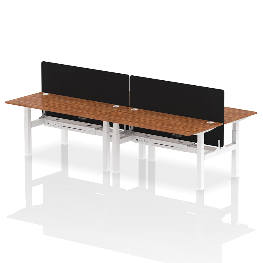 Air Back-to-Back Height Adjustable Bench Desk - 4 Person with Cable Ports and Black Straight Screen W1600mm walnut top and white frame