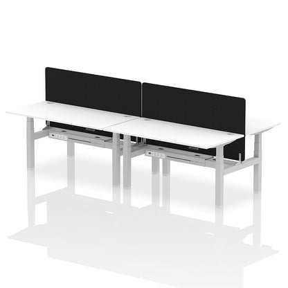 Air Back-to-Back Height Adjustable Bench Desk - 4 Person with Cable Ports and Black Straight Screen W1600mm white top and silver frame