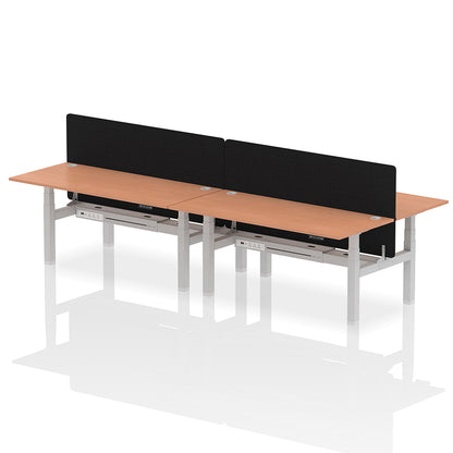 Air Back-to-Back Height Adjustable Bench Desk - 4 Person with Cable Ports and Black Straight Screen W1800mm beech top and silver frame