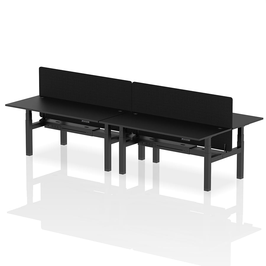 Air Back-to-Back Height Adjustable Bench Desk - 4 Person with Cable Ports and Black Straight Screen W1800mm black top and black frame