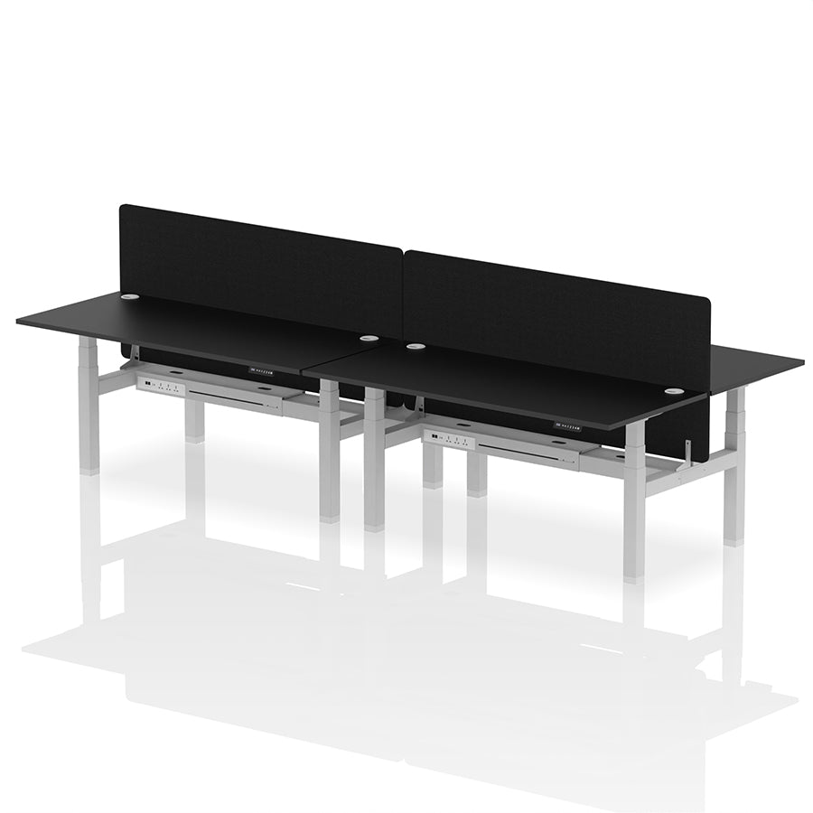 Air Back-to-Back Height Adjustable Bench Desk - 4 Person with Cable Ports and Black Straight Screen W1800mm black top and silver frame