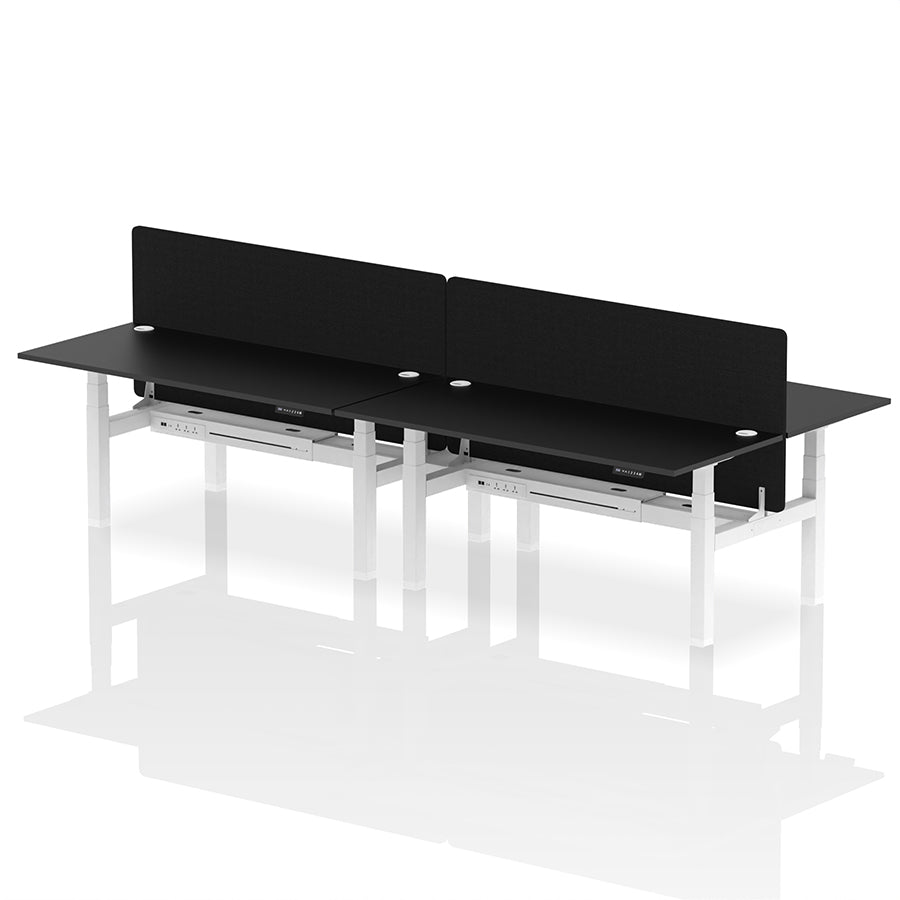 Air Back-to-Back Height Adjustable Bench Desk - 4 Person with Cable Ports and Black Straight Screen W1800mm black top and white frame