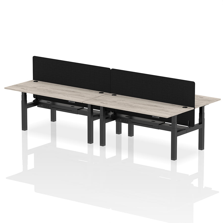 Air Back-to-Back Height Adjustable Bench Desk - 4 Person with Cable Ports and Black Straight Screen W1800mm grey oak top and black frame