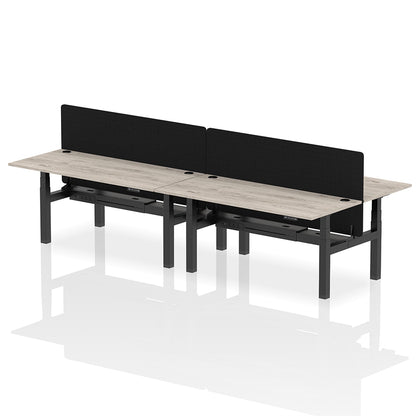 Air Back-to-Back Height Adjustable Bench Desk - 4 Person with Cable Ports and Black Straight Screen W1800mm grey oak top and black frame