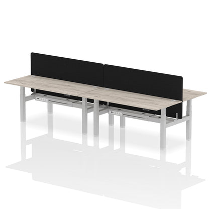 Air Back-to-Back Height Adjustable Bench Desk - 4 Person with Cable Ports and Black Straight Screen W1800mm grey oak top and silver frame