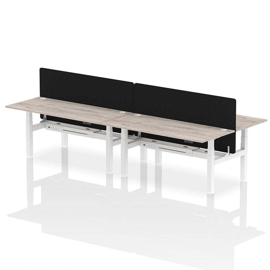 Air Back-to-Back Height Adjustable Bench Desk - 4 Person with Cable Ports and Black Straight Screen W1800mm grey oak top and white frame