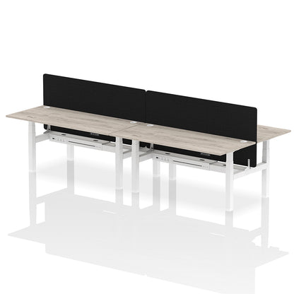 Air Back-to-Back Height Adjustable Bench Desk - 4 Person with Cable Ports and Black Straight Screen W1800mm grey oak top and white frame
