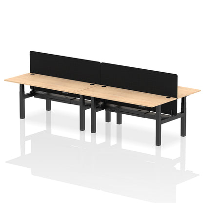 Air Back-to-Back Height Adjustable Bench Desk - 4 Person with Cable Ports and Black Straight Screen W1800mm maple top and black frame