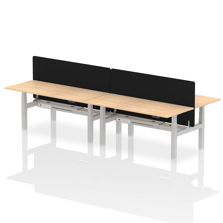 Air Back-to-Back Height Adjustable Bench Desk - 4 Person with Cable Ports and Black Straight Screen W1800mm maple top and silver frame