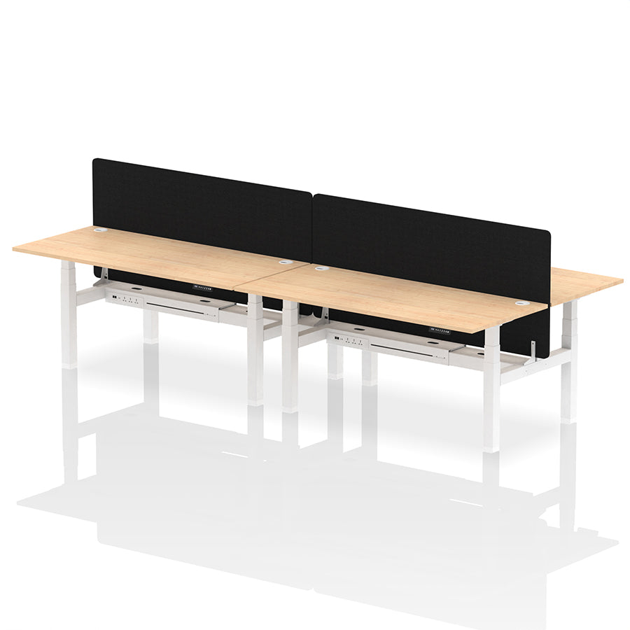 Air Back-to-Back Height Adjustable Bench Desk - 4 Person with Cable Ports and Black Straight Screen W1800mm maple top and white frame