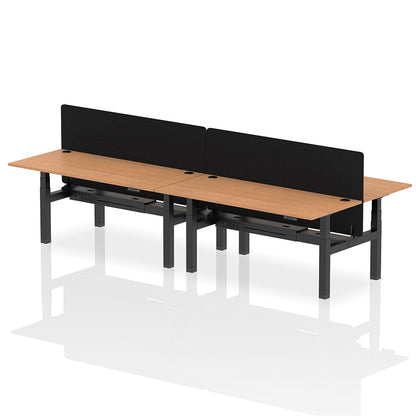 Air Back-to-Back Height Adjustable Bench Desk - 4 Person with Cable Ports and Black Straight Screen W1800mm oak top and black frame