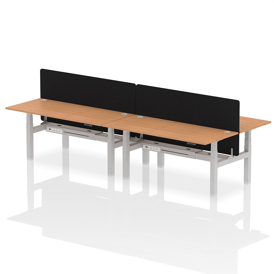 Air Back-to-Back Height Adjustable Bench Desk - 4 Person with Cable Ports and Black Straight Screen W1800mm oak top and silver frame