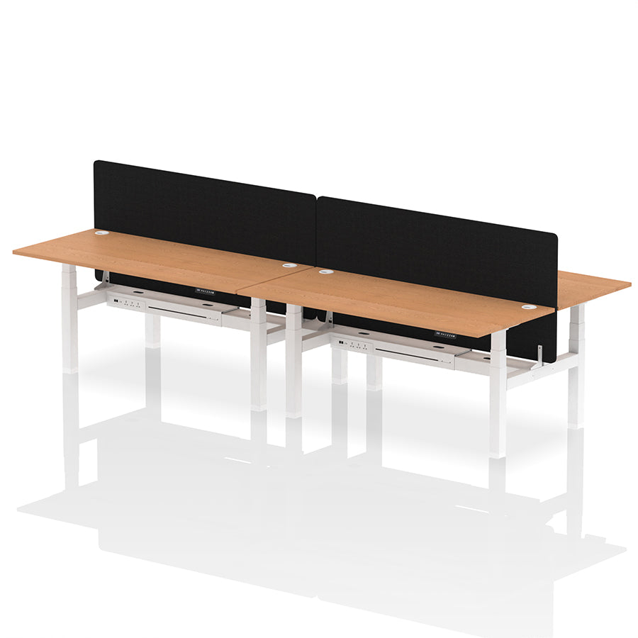 Air Back-to-Back Height Adjustable Bench Desk - 4 Person with Cable Ports and Black Straight Screen W1800mm oak top and white frame