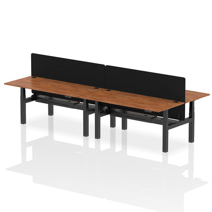 Air Back-to-Back Height Adjustable Bench Desk - 4 Person with Cable Ports and Black Straight Screen W1800mm walnut top and black frame