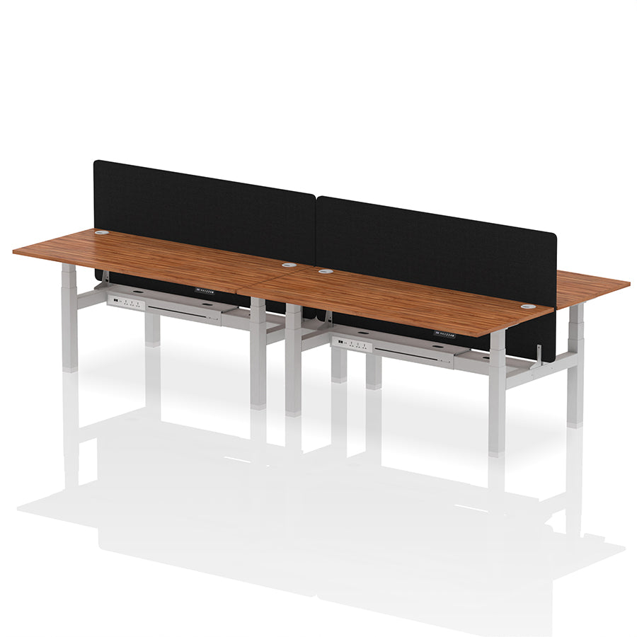 Air Back-to-Back Height Adjustable Bench Desk - 4 Person with Cable Ports and Black Straight Screen W1800mm walnut top and silver frame