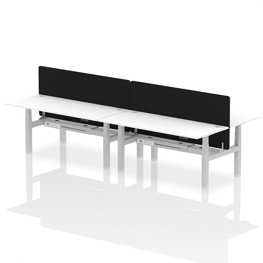 Air Back-to-Back Height Adjustable Bench Desk - 4 Person with Cable Ports and Black Straight Screen W1800mm white top and silver frame