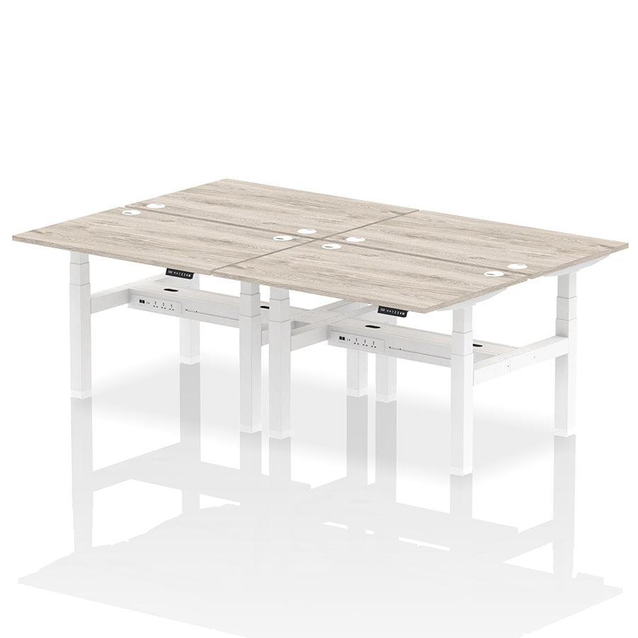 Air Back-to-Back Height Adjustable Bench Desk - 4 Person with cable ports W1200mm grey oak top with white frame 