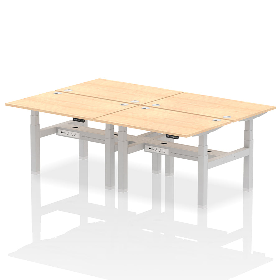 Air Back-to-Back Height Adjustable Bench Desk - 4 Person with cable ports W1200mm maple top with silver frame